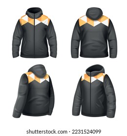 Male black yellow and white winter jacket realistic set with front and back views isolated vector illustration