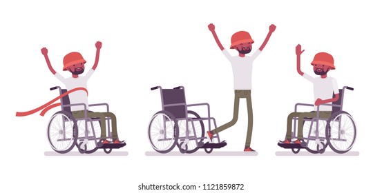 Male black young wheelchair user in positive emotions. Skills training program, rehabilitation. Disability, social policy concept. Vector flat style cartoon illustration, isolated, white background.