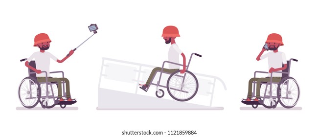 Male black young wheelchair user with phone, selfie camera, on ramp. Obstacles in a city. Disability, medical social policy concept. Vector flat style cartoon illustration, isolated, white background