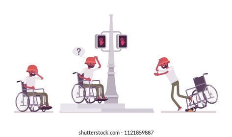 Male black young wheelchair user in negative city street emotions. Town problems and handicaps. Disability, medical policy concept. Vector flat style cartoon illustration, isolated, white background.