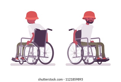 Male black young wheelchair user moving manual chair. Unable to walk as a result of illness, injury, or disability. Medical concept. Vector flat style cartoon illustration, isolated, white background