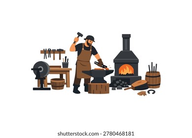 Male blacksmith forging metal in workshop with anvil and tools.