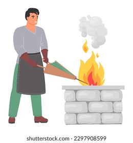 Male blacksmith master fanning fire vector illustration. Man farrier wearing apron blowing flame blaze in fireplace at workplace isolated on white background