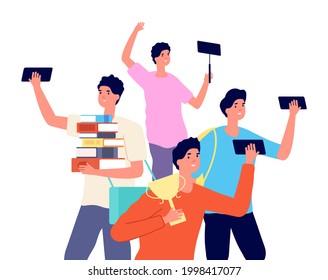 Male blogger. Boy photos on smartphone, young vlogger with gadget. Social media addiction vector concept