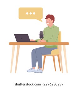 Male blogger with laptop and microphone semi flat color vector character. Editable figure. Full body person on white. Simple cartoon style spot illustration for web graphic design and animation