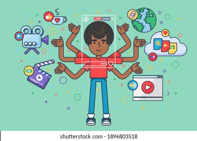 Male blogger lifestyle semi flat concept illustration. Afro boy cartoon character creates online storytelling. Social live stream producing podcast. Vector isolated color drawing