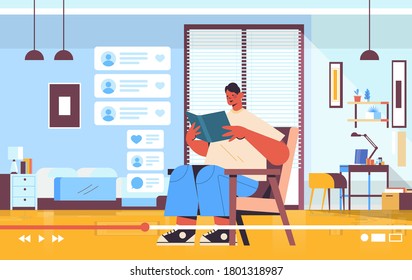 male blogger reading book recording online video blog live streaming blogging concept living room interior horizontal full length vector illustration