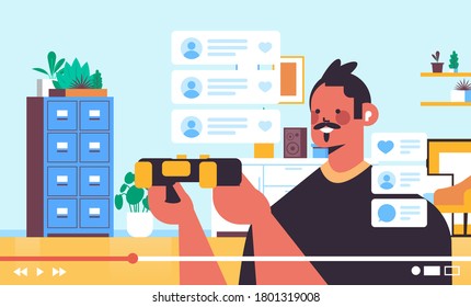 male blogger recording game process online blog live streaming blogging concept guy playing video games living room interior horizontal portrait vector illustration