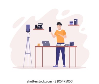 Male blogger shooting video review unboxing technology and electronics use smartphone on tripod. Man vlogger performing unpacking modern gadget device live streaming online broadcasting flat vector