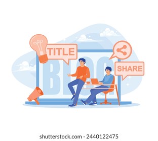 Male bloggers create relevant and valuable titles. Promote on social media. Blog concept. Flat vector illustration.