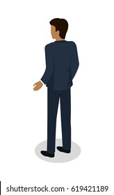 Male in blue business suit standing backwards on white background. Brunette man pushed his hand away from body. Vector illustration flat design. Icon graphic concept for banner, mobile, infographics.