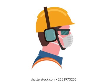 Trabalhador de colarinho azul masculino vestindo roupas de trabalho protetoras. Ilustração plana simples em vista lateral.