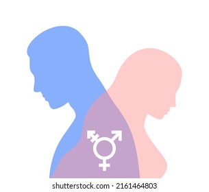 Male blue and female pink translucent silhouettes with white transgender sign in the middle