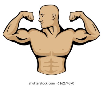 Male body builder vector graphic illustration, flexing arm muscles, head turned to right. Very clean lines, simple yet professional look.