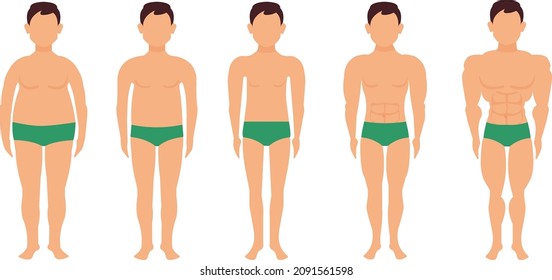 Male body mass index vector illustration from underweight to extreme obesity. Silhouettes of men with varying degrees of obesity. Weight loss concept.
