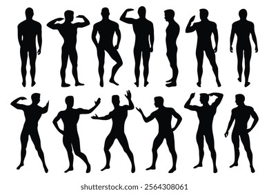 
Male body posing silhouettes set isolated flat vector illustration on white background.