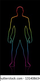 Male body shape of muscular, athletic, young man. Rainbow gradient colored silhouette. Outline vector illustration on black background.
