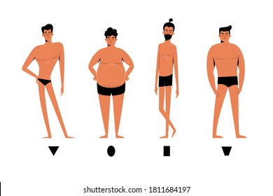 Male body shapes set - inverted triangle, oval, rectangle, rhomboid figure types. Human anatomy body shapes cartoon collection isolated on white, man character vector illustration, modern flat design