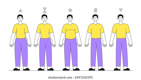 Male body shapes set. Men with different figures. Rectangle, triangle, hourglass and circle. Anatomy and biology. Slim and fat people. Linear vector collection isolated on white background