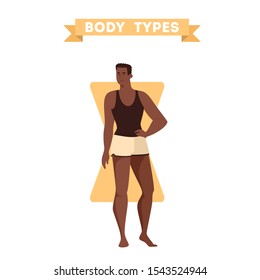 Male body shapes. Triangle and rectangle, pear and apple figure. Human anatomy. Vector illustration in cartoon style