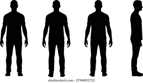 Male body silhouette reference set with front back side profile views