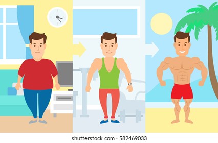 Male Body Transformation.man At Home.in Gym.on The Beach