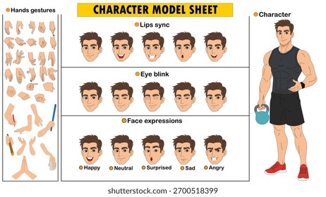 Construtor de Caracteres Masculino Kit. Folha de modelo de fitness personalizável com postes musculares e expressões faciais.