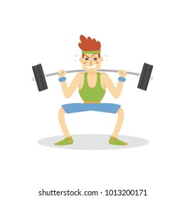 Male bodybuilder exercising with a barbell, active healthy lifestyle cartoon vector Illustration