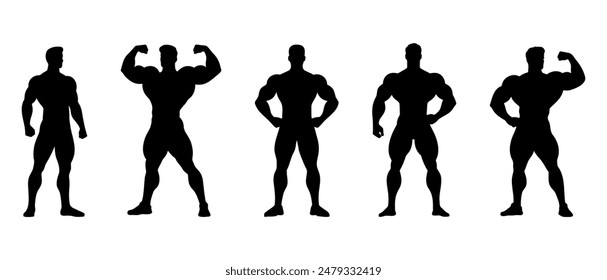 Male bodybuilder front view silhouette black filled Illustration icon. Man standing physical workout vector.