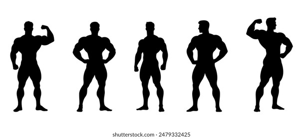 Männliche Bodybuilder Vorderansicht Silhouette schwarz gefüllt Illustration Symbol. Mann steht physische Workout-Vektorgrafik.