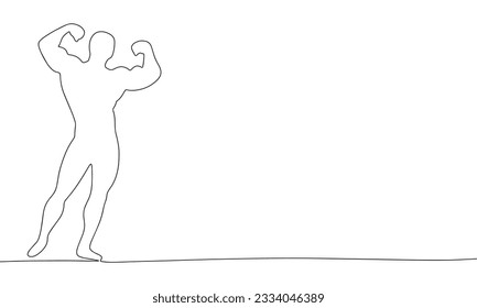 Male bodybuilder one line continuous vector illustraiton. Concept sport banner. Line art, outline silhouette