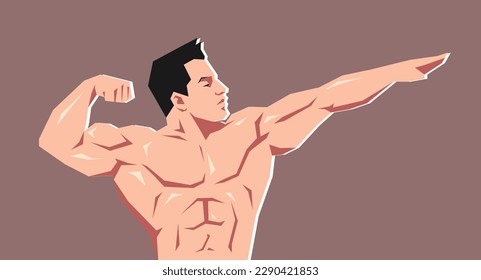 male bodybuilder posing. muscular, strong. half body. cartoon flat vector illustration.