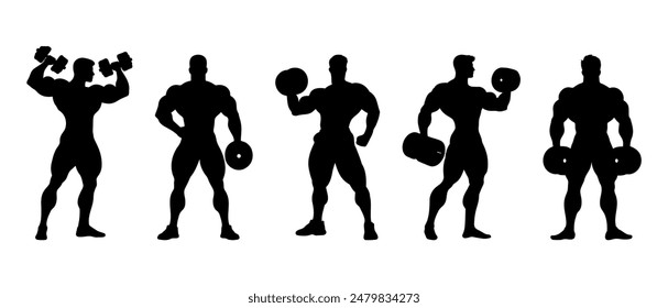 Male bodybuilder silhouette black filled Illustration icon. Man with dumbbell vector.