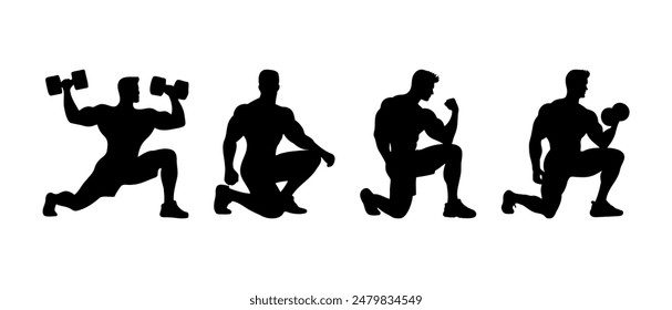 Male bodybuilder silhouette black filled Illustration icon. Man doing physical workout. Weight lifting vector.