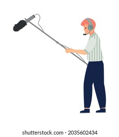 Male boom operator wearing headphones and holding microphone flat vector illustration