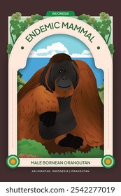 Ilustración de orangután borneano masculino Mamíferos endémicos indonesios