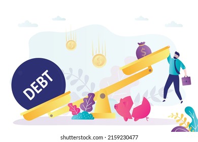 Male Borrower Is Holding On To Scales, The Risk Of Bankruptcy. Debt-to-earnings Imbalance. Large Debt On Loans, Taxes. Debtor Has No Money. Financial Difficulties. Flat Vector Illustration