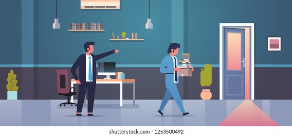 male boss dismisses pointing finger at door fired man employee with paper documents box dismissal unemployment jobless concept flat modern office interior horizontal