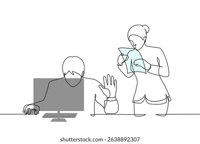 male boss and female subordinate - one line art vector. concept man busy at computer put hand in STOP gesture for female employee approaching him with documents. Handmade vector not AI
