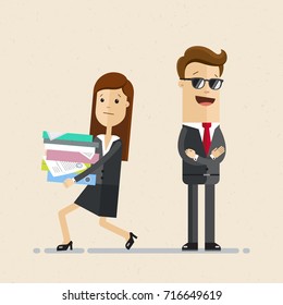 Male boss and female subordinate. The woman bringing a pile of documents and businessman  in black glasses stand nearby. Vector, illustration, flat