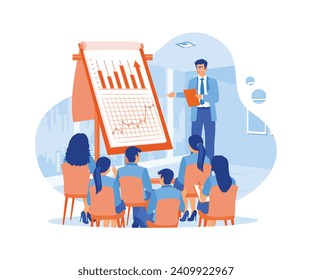 Male boss giving a whiteboard presentation to office employees. Employees listen to the leader's explanation during meetings in the office. Briefings concept. Trend Modern vector flat illustration