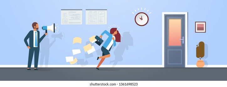 male boss hold megaphone woman employee running with falling papers from briefcase to door deadline hardworking concept flat horizontal banner