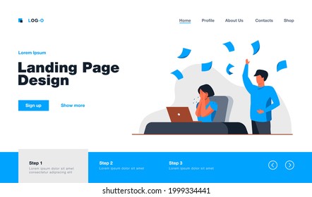 Male boss scolding crying female employee. Man throwing papers to woman flat vector illustration. Corporate communication problem concept for banner, website design or landing web page
