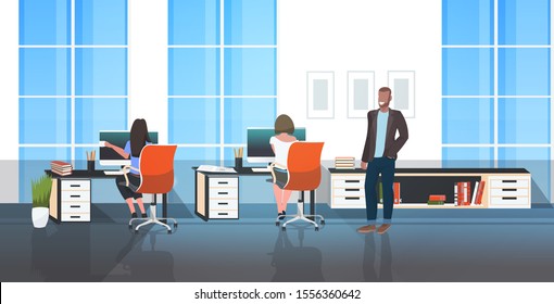 male boss walking through the office and controlling female workers sitting at workplace modern cabinet interior sketch full length horizontal vector illustration