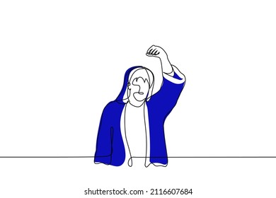 Male Boxer In Blue Robe With Hood On His Head Raised His Fist In Victorious - One Line Drawing Vector. Kick Ass Gesture Concept 