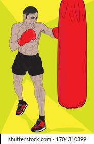 Male boxer boxing in punching bag; Young male boxer hitting punching bag