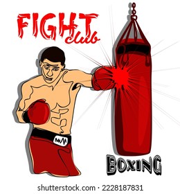 Male boxer boxing in punching bag. boxer in red boxing gloves hits a punching bag. Fight cub, boxing center, boxing championship