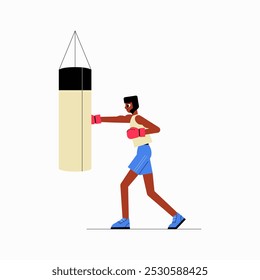 Entrenamiento de boxeador masculino con saco de boxeo en Ilustración vectorial plana que simboliza la aptitud, la fuerza y los deportes de combate, aislados sobre fondo blanco.