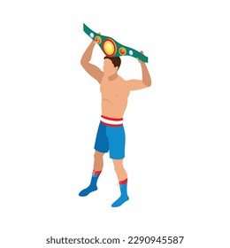 Male boxer winner holding champion belt isometric vector illustration