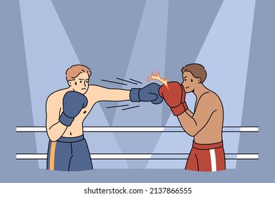 Männliche Boxer in Handschuhen kämpfen am Quadrat Ring. Starke, mächtige Sportler oder Kämpfer kämpfen beim Muay Thai Boxwettbewerb. Konzept des Kampfsports. Flache Vektorgrafik. 